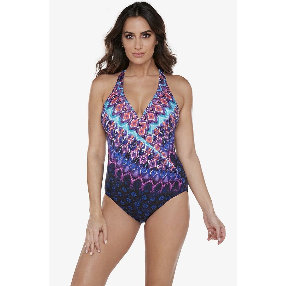 MIRACLESUIT Bella Alba Escape Ikat Tummy Control One Piece Swimsuit 10 NWT